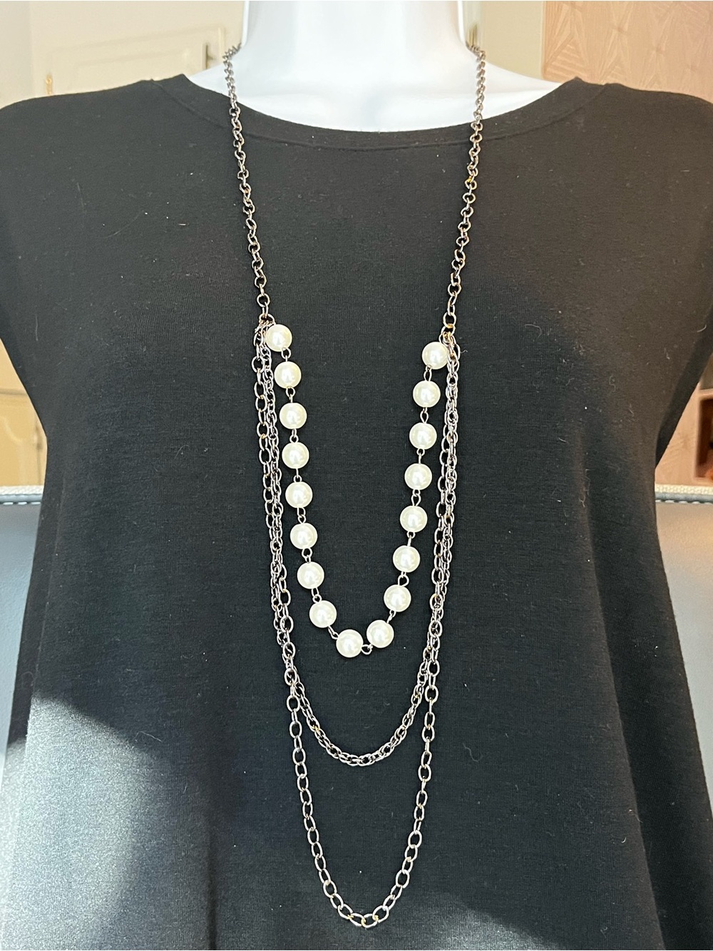 Layered Pearl and Silver-Tone Multi-Chain Necklace - White/Silver